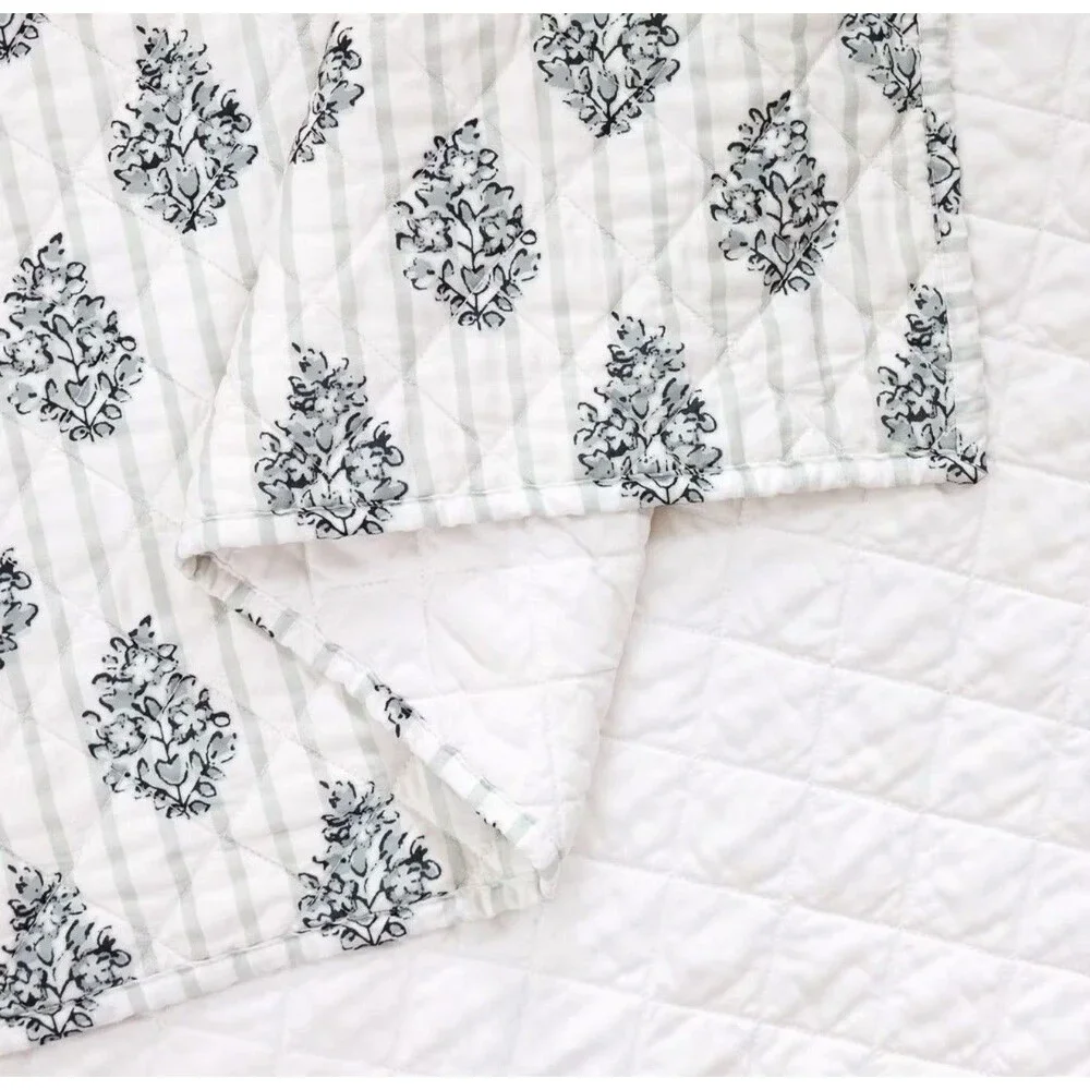 RARE Modern Heirloom 3pc King Block Print Quilt Set Blue NEW